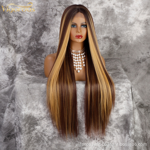 Vigorous long Straight ombre mix brown blonde wigs synthetic lace wig women middle part heat resistant fiber natural looking wig
